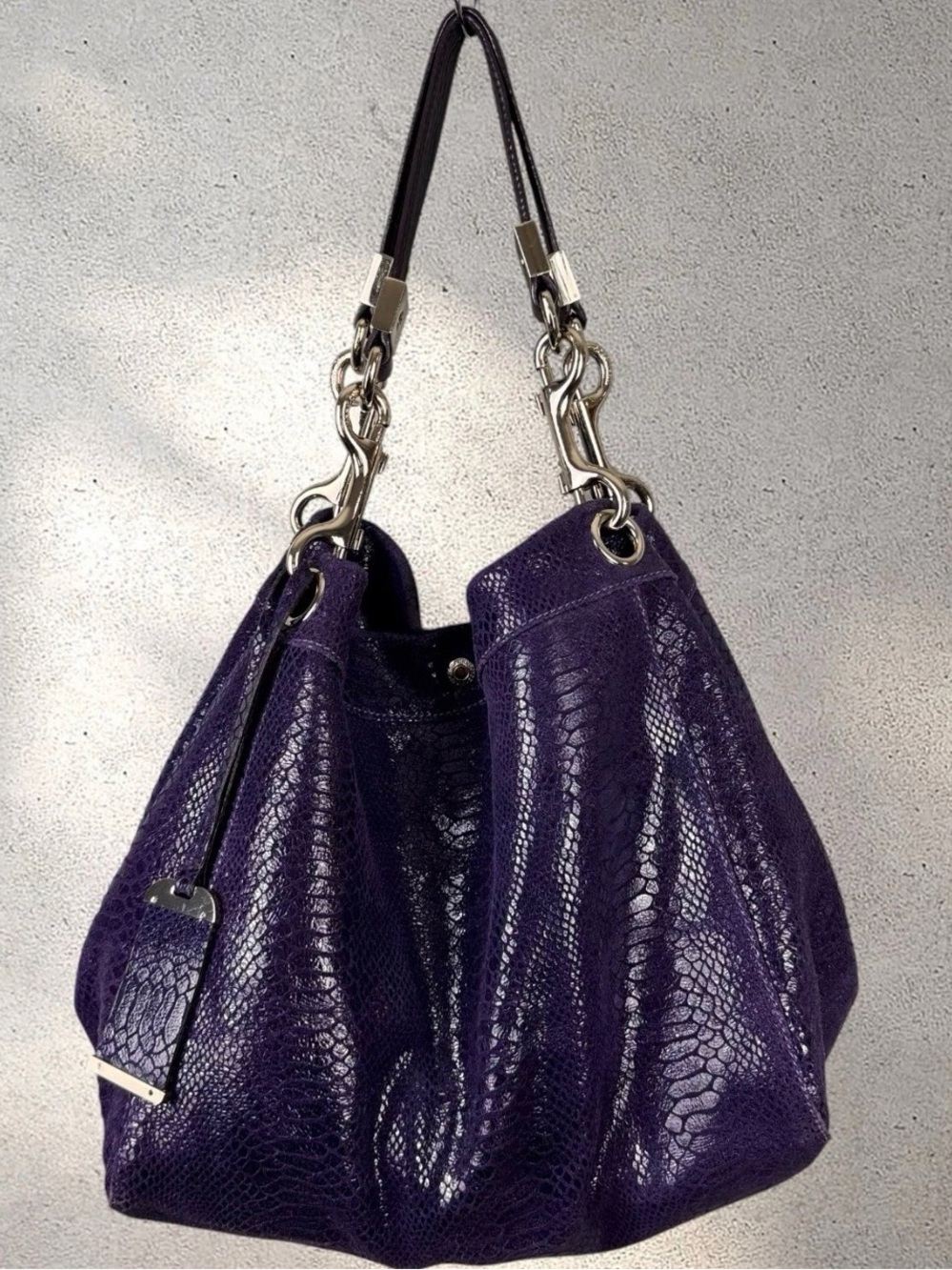 Jimmy Choo Deep Purple Textured Leather Shoulder Bag with Silver Hardware